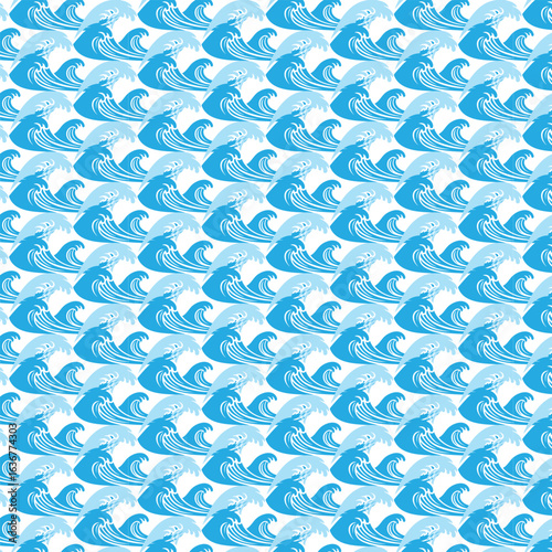 Seamless pattern of stylized blue ocean waves on white background water
