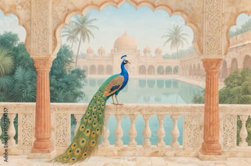 Peacock Sitting on Mughal Palace Balcony with Arch and Garden – Mahal Vector Art Prints Wallpaper Mural for Living Room