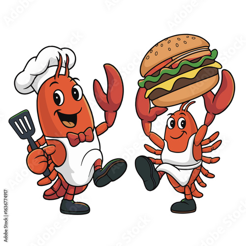 A cute and funny hot dog cartoon character with ketchup is a happy illustration, not a lobster or an insect