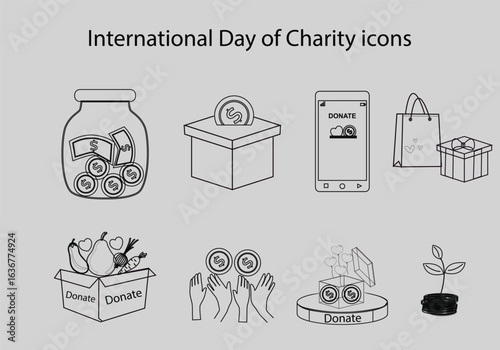 International day of charity icons. Outline Editable stroke charity donation icons Vector illustration.