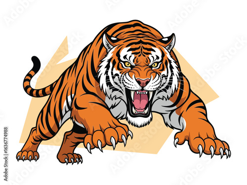Vibrant Tiger: A stylized illustration of a tiger, showcasing its dynamic power with a fierce roar, poised to attack, in a vivid and bold design.