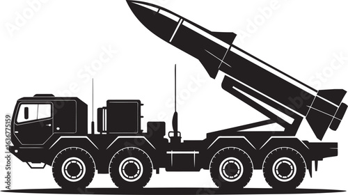 military missile launcher truck silhouette with mounted rocket isolated on white background for defense and tactical design use