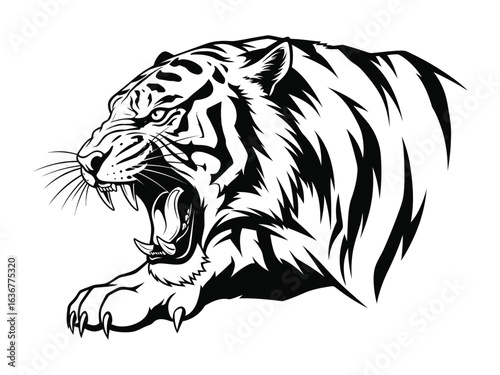 Roaring Tiger Silhouette: A fierce tiger, rendered in a striking black and white silhouette, roars with raw power, its teeth bared in a display of untamed wilderness.