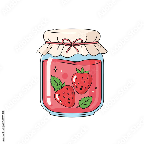 A close up of delicious sweet homemade strawberry jam preserved in a glass jar with two fresh strawberries and green mint leaves floating in it