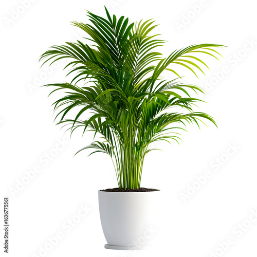 A small potted palm plant with vibrant green fronds, isolated on white background, realistic interior decor PNG mockup