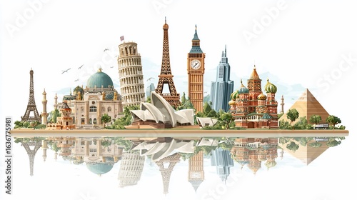 Famous Landmarks Illustrated Viewing International Icons Along a Horizon