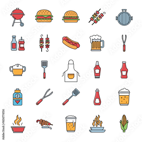 Collection of barbecue and outdoor grilling food and cooking accessories for summer celebrations