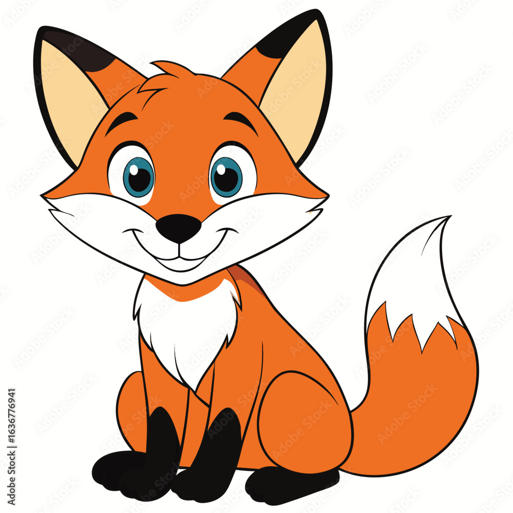 Obraz premium Cute cartoon fox animal character sitting, friendly and happy