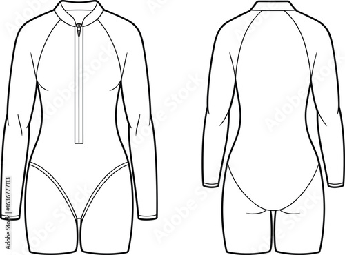 Swim romper flat sketch with zipper front, long sleeves, and shorts bottom, technical vector template for activewear fashion design