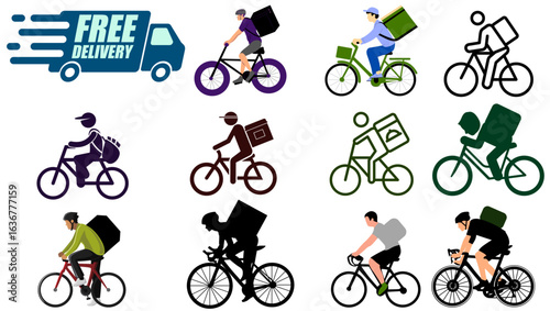 Delivery man on bicycle 12 icon set for courier and logistics service illustration.	