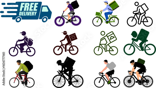 Delivery man on bicycle 12 icon set for courier and logistics service illustration.	