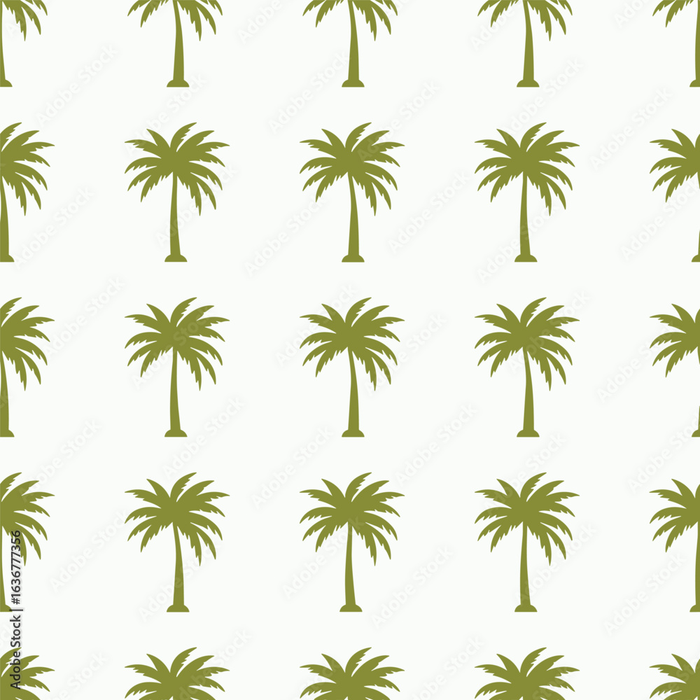Obraz premium Elegant repeating pattern of tropical palm trees in a serene green hue on a light cream background perfect for coastal decor and summer vibes