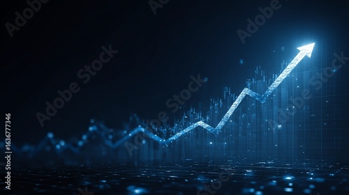 Financial Data Analysis Arrow, Charts Ascending on Dark, Digital Background