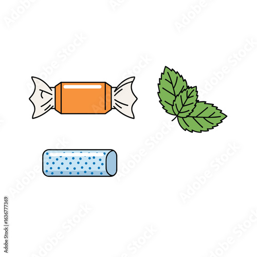 Fresh breath mint gum and caramel candy with refreshing green mint leaves flavor