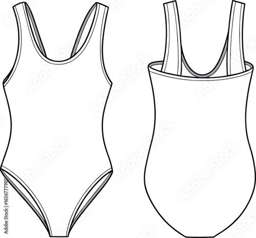 One-piece swimsuit flat sketch, front and back CAD illustration, fashion design vector template for swimwear, activewear, and apparel mockup