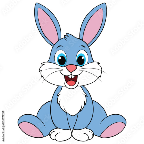 Cute blue cartoon bunny rabbit with big blue eyes smiling