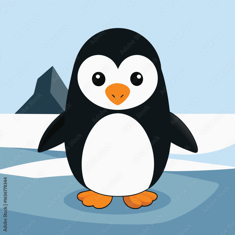 Naklejka premium Cute cartoon penguin standing on ice isolated on white background