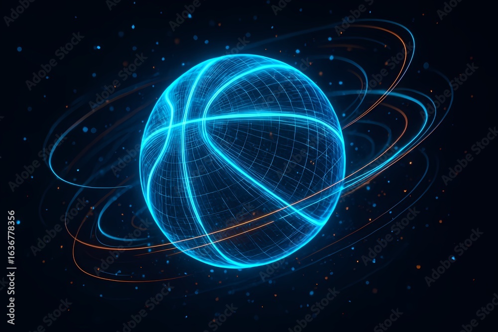 Obraz premium Bola basket holografik bercahaya neon melayang di ruang tanpa gravitasi, dikelilingi garis cahaya dan partikel digital. Desain futuristik konsep olahraga modern.