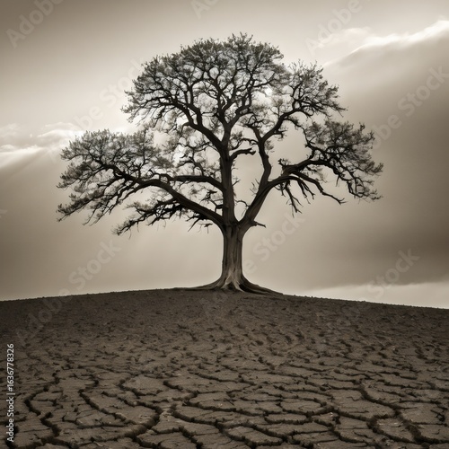 Lone Tree on Cracked Dry Earth Under a Stormy Sky with Lightning