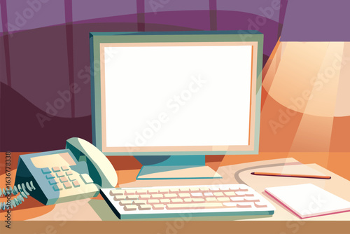 Stanowisko pracy w biurze lub home office. Komputer z pustym ekranem jako mockup na tle ciepłego światła lampki.