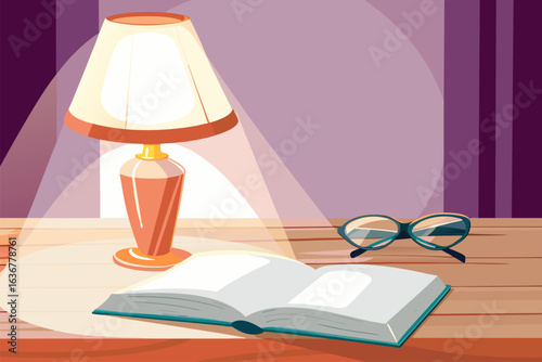 Ilustracja przedstawiająca otwartą książkę w świetle lampki nocnej. Koncepcja czytania, relaksu i zdobywania wiedzy.