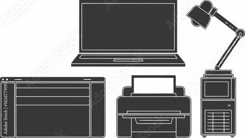 Illustration of a laptop computer a browser window a printer and a desk lamp on top of a cabinet |  editable eps vectors silhouette
