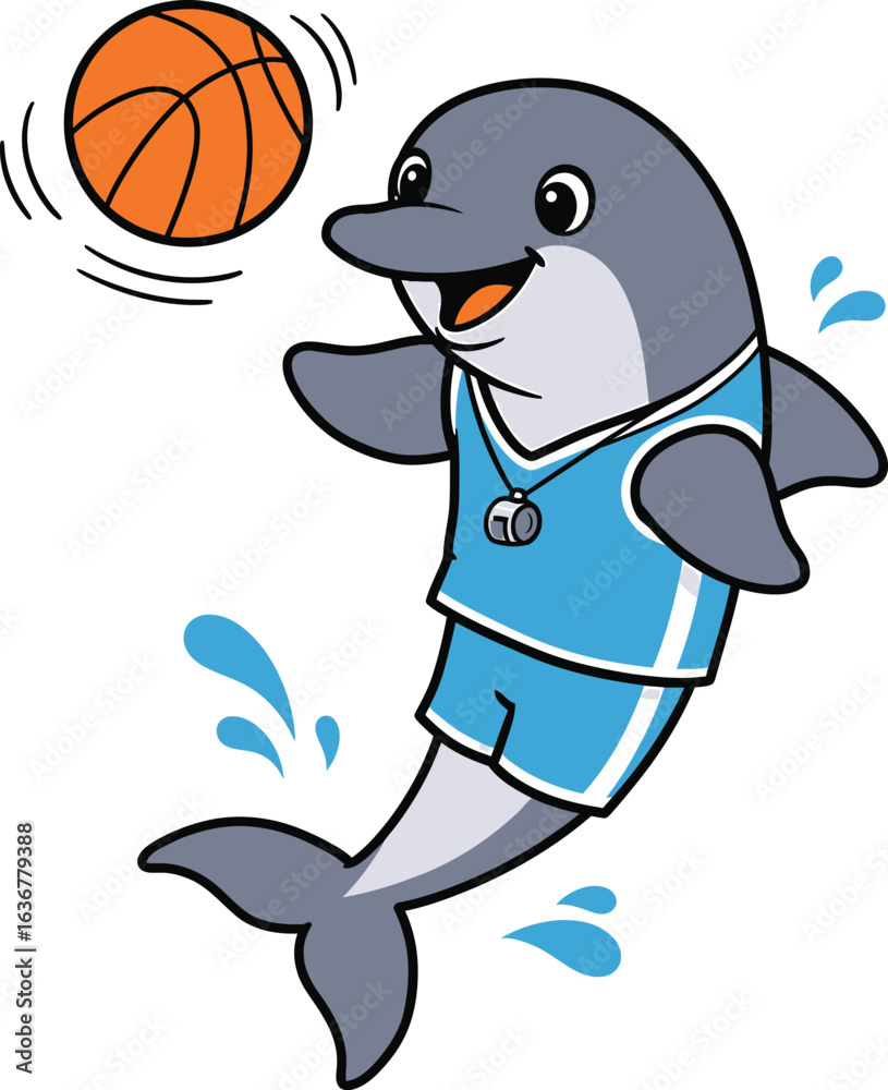 Naklejka premium Happy Dolphin Cartoon Spinning a Basketball