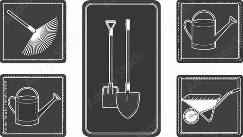 Illustration of gardening tools including watering cans, shovels, rake and wheelbarrow icon set |  editable eps vectors silhouette
