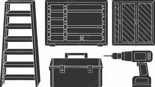 Illustration of a ladder, cabinets, toolbox, and a drill, all depicted in a simple black and white style |  editable eps vectors silhouette