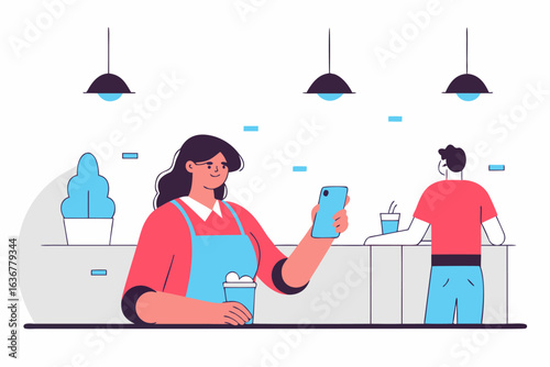 Uśmiechnięta baristka promująca swoją kawiarnię w social mediach. Koncepcja małego biznesu, marketingu online i sukcesu.