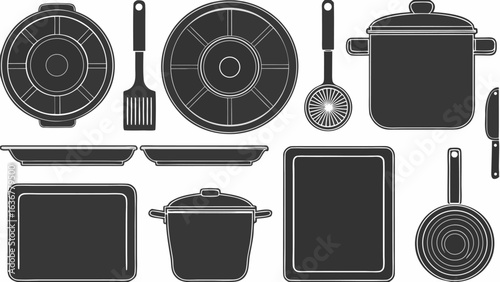 Illustration of kitchenware including pots pans and utensils in a monochrome black and white style |  editable eps vectors silhouette