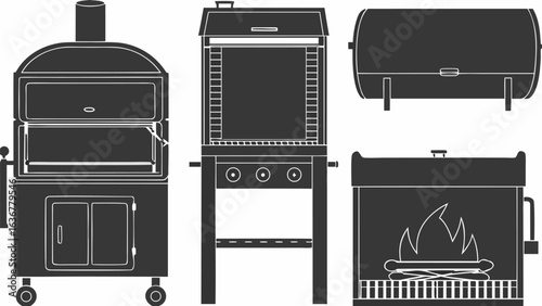 Illustration of various outdoor cooking appliances including grills smokers and a fireplace design |  editable eps vectors silhouette