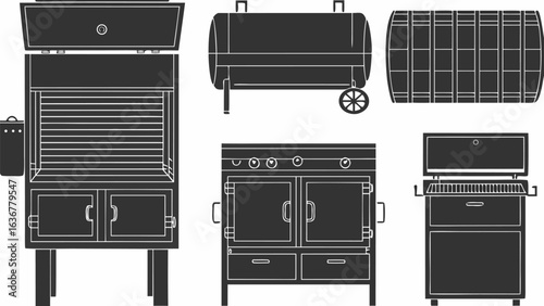 Illustration of various barbecue smokers and grills including barrel and cabinet models on white background |  editable eps vectors silhouette