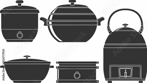 Illustration of five different cooking pots and appliances in a simple black and white style |  editable eps vectors silhouette