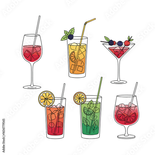 Refreshing colorful summer drinks with ice and garnishes for a tropical party or celebration