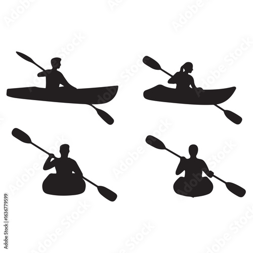 Kayaking Silhouette Collection – Side and Front Views of Paddlers in Black Kayak Icons
