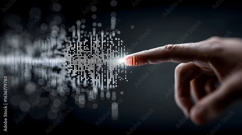 Fototapeta premium Human Touch Igniting a Luminous Wave of Digital Data Particles.