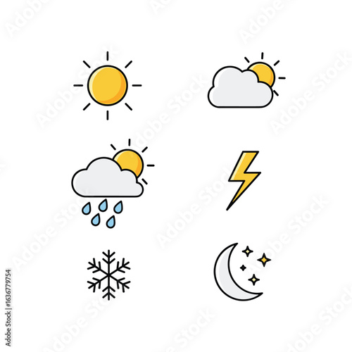 Collection of weather condition icons illustrating sunny cloudy rainy snowy stormy and night sky with stars