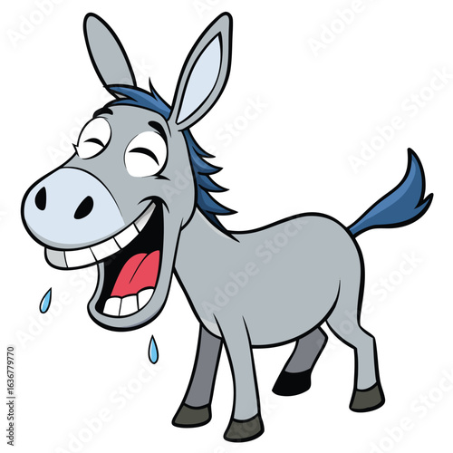 Funny cartoon donkey laughing with mouth open and drool drops
