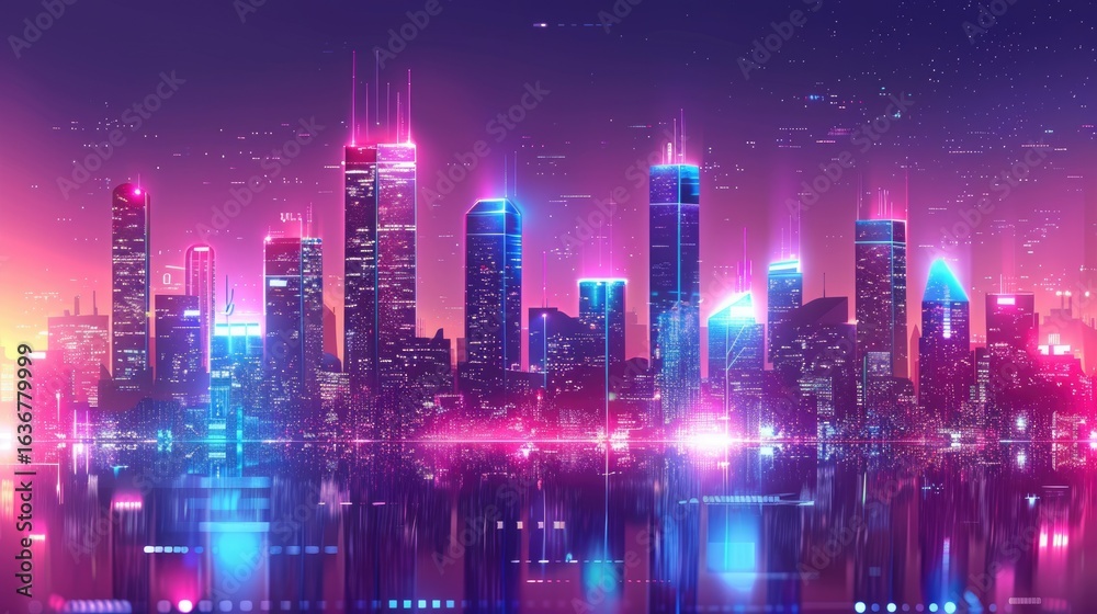 Fototapeta premium Futuristic city skyline at night with vibrant neon lights reflecting on water, showcasing modern architecture and a lively urban atmosphere filled with energy and innovation
