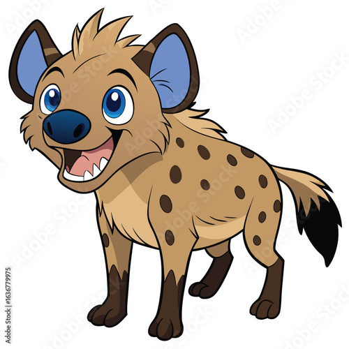 Cute cartoon hyena smiling and looking at the camera, isolated on white background