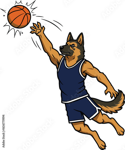 Funny German Shepherd Cartoon Blocking Basketball Shot