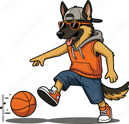 German Shepherd Playing Street Basketball in Urban Style