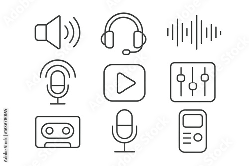 Collection of audio equipment icons representing sound and recording technology in a modern digital environment
