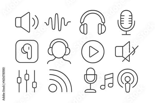 Visual representation of sound elements including headphones, microphone, and sound waves for audio production