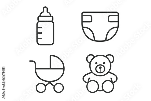 Baby essentials collection featuring a bottle, diaper, stroller, and teddy bear designed for infants and young children