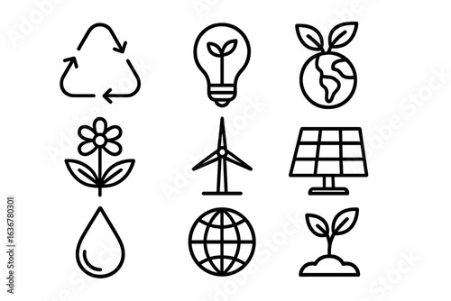 Icons representing renewable energy, environmental conservation, and sustainability efforts in a minimalist design
