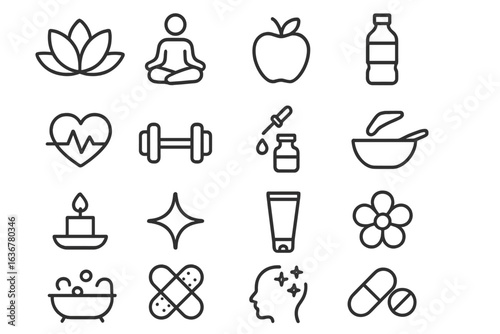 Health and wellness symbols representing various aspects of self-care and healthy lifestyle choices