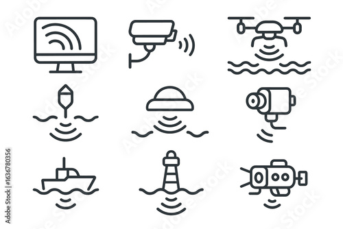 Line icons representing modern surveillance technologies and communication in various environments