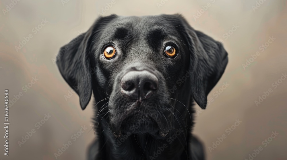 Black Labrador Retriever with expressive eyes, gazing directly at the camera, showcasing its glossy fur and attentive demeanor, embodying loyalty and companionship in a warm atmosphere Black Labrador Retriever with expressive eyes, gazing directly at the camera, showcasing its glossy fur and attentive demeanor, embodying loyalty and companionship in a warm atmosphere